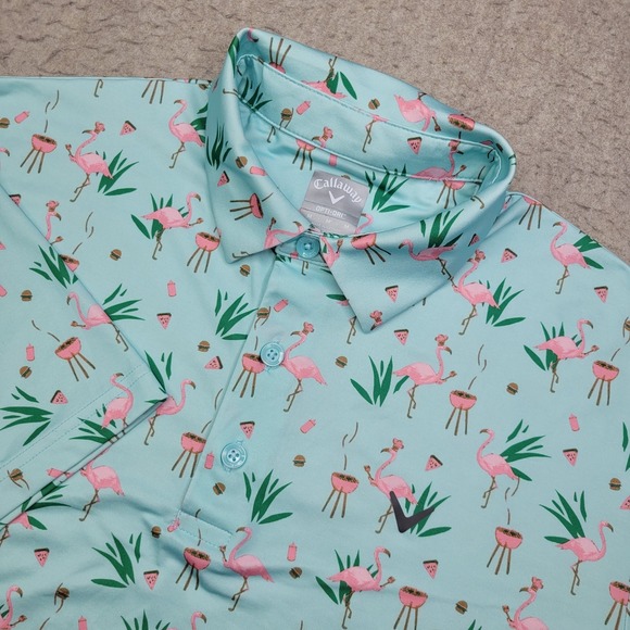 Callaway Golf Polo Shirt Mens M Blue All Over Flamingo Short Sleeve Performance - Picture 1 of 9